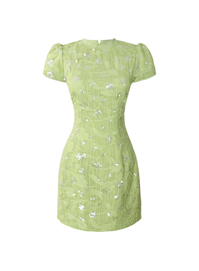 绿色新中式高级感手工钉珠旗袍连衣裙女设计感修身收腰小个子短裙