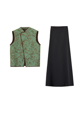 新中式复古绿色国风高级感两件套女秋季马甲黑色松紧腰高腰半身裙