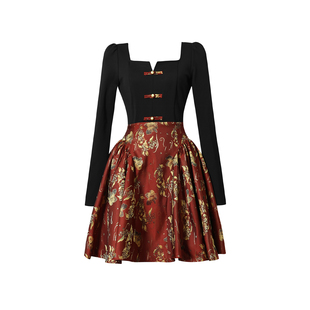 复古红色新中式收腰显瘦长袖连衣裙女秋小众假两件内搭改良旗袍裙