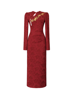 复古红色新中式收腰显瘦长袖连衣裙秋小众刺绣内搭改良旗袍打底裙