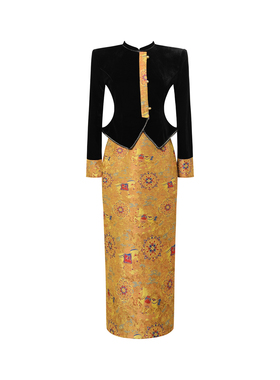 御姐风假两件中式拼接连衣裙女春黑色立领收腰长裙设计感高端礼服