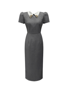 法式翻领独特漂亮设计感连衣裙女夏高级优雅修身显瘦灰色复古长裙