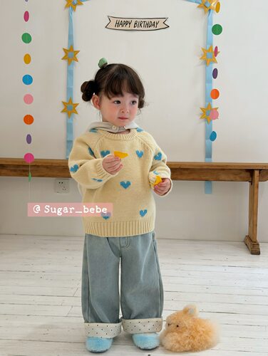 小树家 sugar苏格26秋冬款韩系婴童爱心提花套头毛衣加绒牛仔裤
