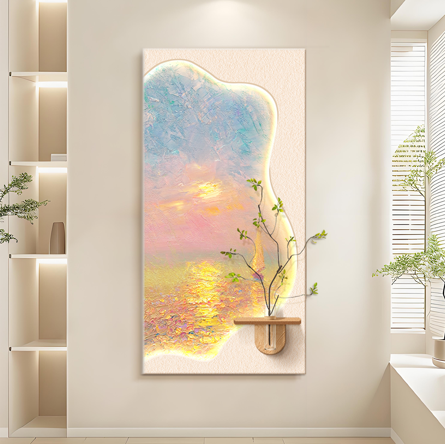 奶油风入户玄关装饰画2025新款水培绿植走廊过道挂画立体砂岩壁画