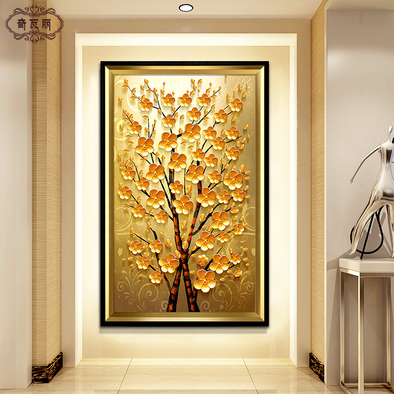 玄关装饰画发财树走廊竖版过道壁画摇钱树招风水客厅挂画欧式油画图片