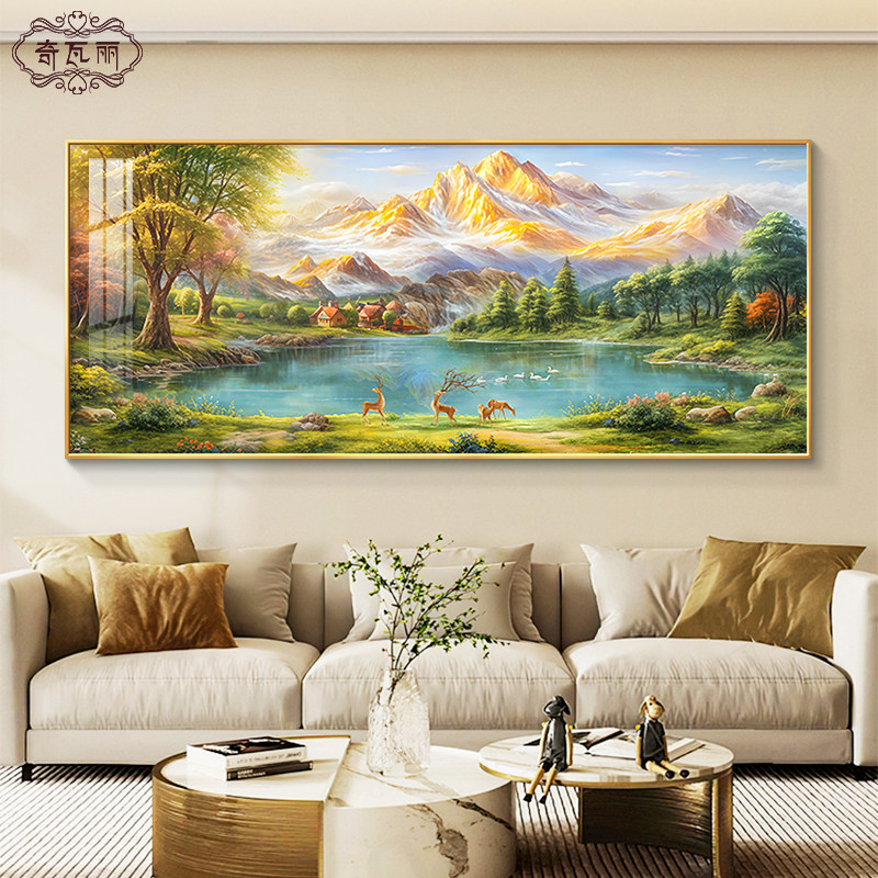山水画客厅挂画聚宝盆沙发背景墙装饰画手绘油画风景壁画高档大气