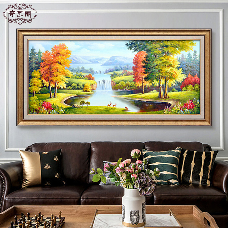 聚宝盆山水画客厅挂画风景手绘油画沙发背景墙装饰画欧式西墙壁画图片