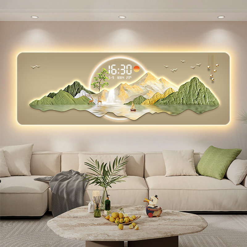 钟表挂钟客厅装饰画2025新款日照金山沙发背景墙挂画带时钟壁灯画