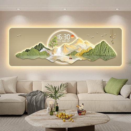 钟表挂钟客厅装饰画2025新款日照金山沙发背景墙挂画带时钟壁灯画