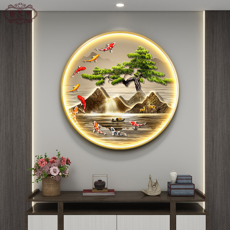 九鱼聚财图圆形玄关装饰画入户正对门山水画走廊过道高级感带灯画,家居饰品,现代装饰画,淘宝优惠券,粉丝福利购,淘宝优惠卷