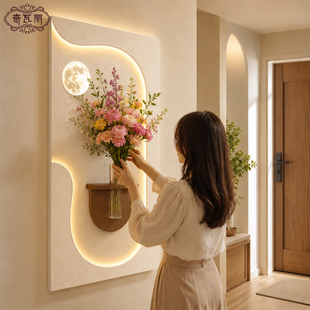 奶油风玄关装饰画创意水培绿植灯光画造景客厅挂画入户正对门壁画