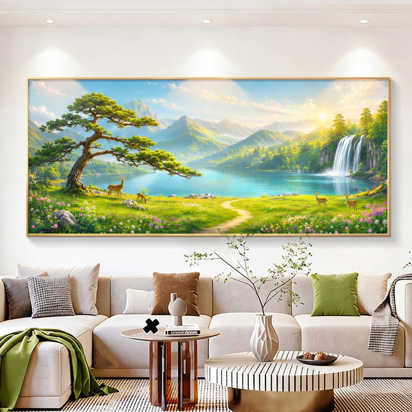 旭日东升东墙挂画客厅沙发背景墙装饰画2026新款大树风景手绘油画