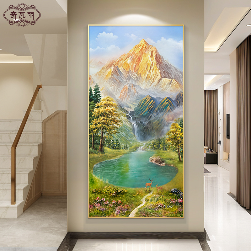 聚宝盆玄关装饰画西墙可挂入户正对门山水画2025年新款纯手绘油画图片