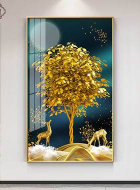 入户玄关装饰画轻奢高档招财发财树挂画走廊过道鹿客厅壁画高级感