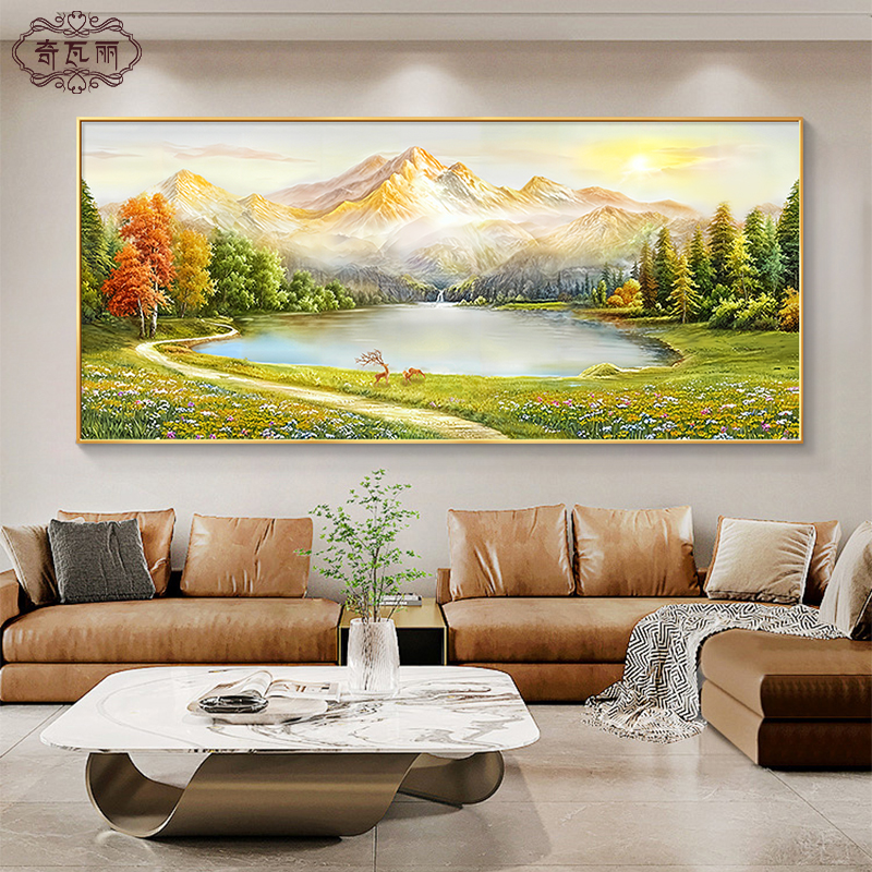 聚宝盆客厅沙发背景墙装饰画2025新款山水手绘油画挂画高级感壁画图片