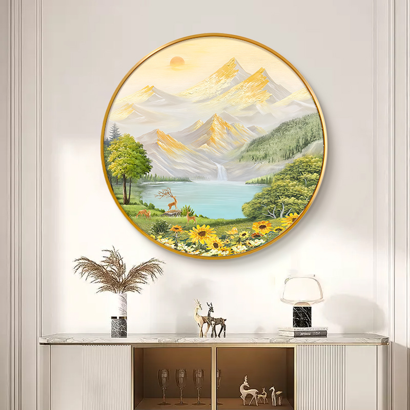日照金山圆形入户玄关装饰画山水手绘油画走廊过道挂画高级感壁画图片
