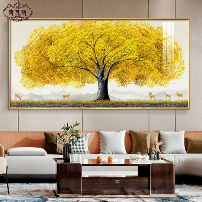 黄金发财树客厅装饰画一整幅沙发背景墙摇钱树壁画挂画轻奢餐厅画