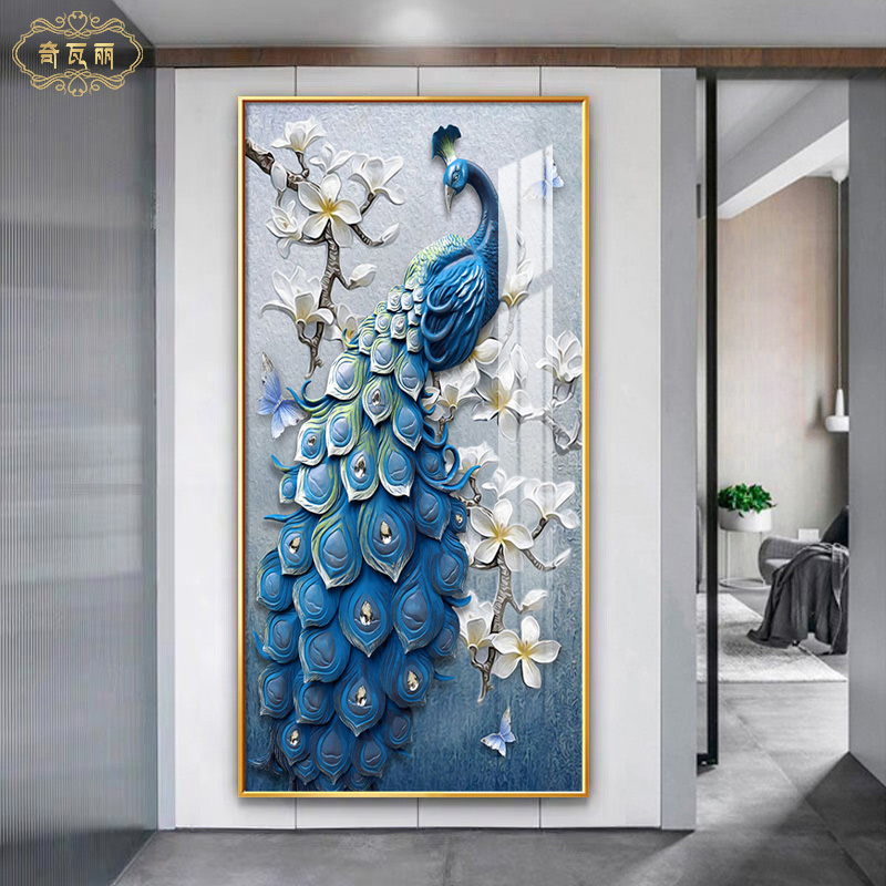 富贵蓝孔雀玄关装饰画简约现代轻奢走廊寓意好金凤凰挂画竖版壁画图片