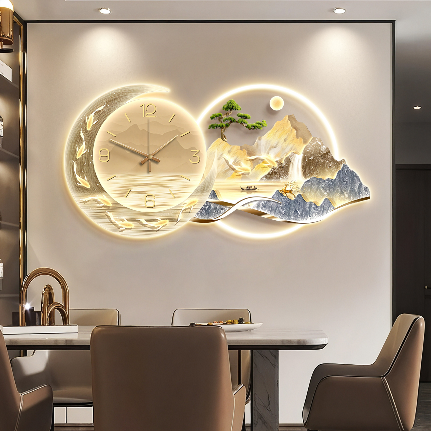 九鱼餐厅装饰画2025新款饭厅背景墙挂画壁画简约现代高级感带钟表图片