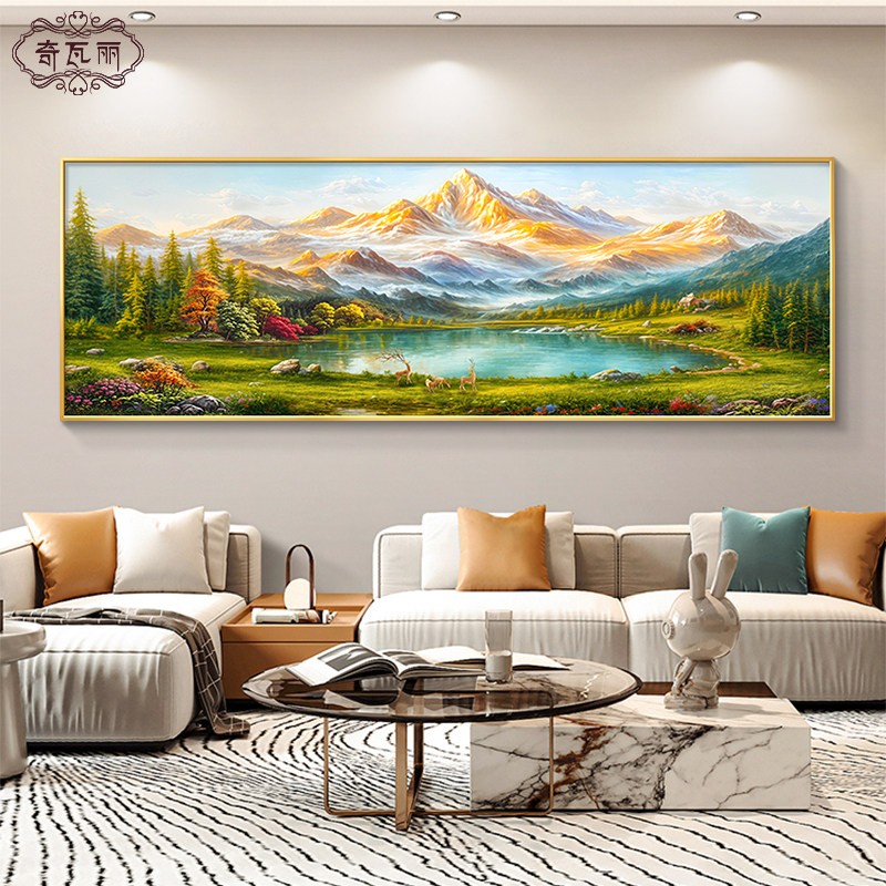 聚宝盆山水画客厅挂画横幅沙发背景墙装饰画2025新款手绘油画壁画