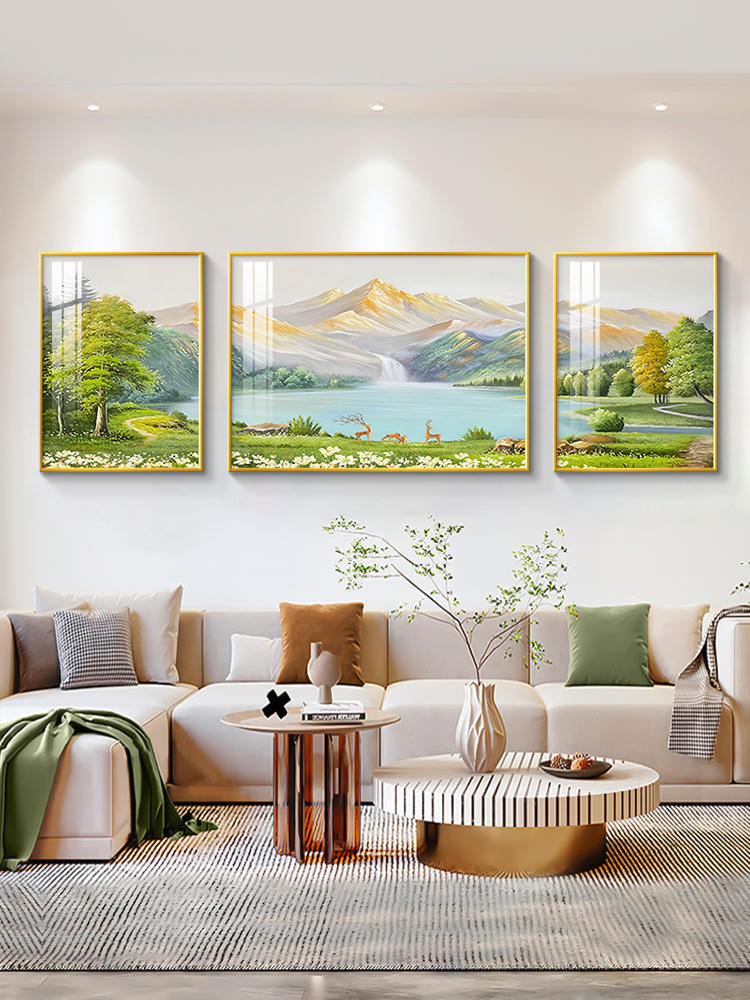 聚宝盆客厅沙发背景墙装饰画轻奢高级感西墙聚财山水挂画三联壁画