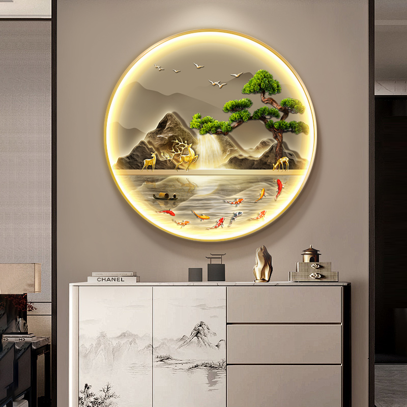 新中式九鱼图入户玄关装饰画流水生财走廊过道圆形挂画发光壁灯画图片