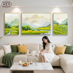 饰画轻奢高级感山水画沙发背景墙挂画风景画三联画 日照金山客厅装