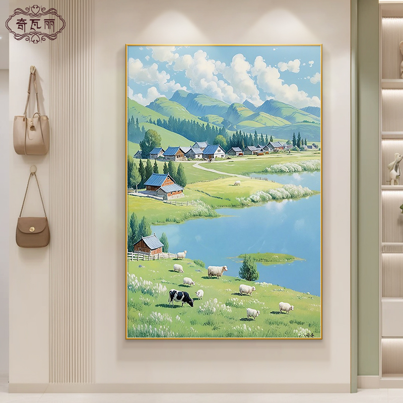 风景手绘油画入户玄关装饰画小清新走廊过道挂画正对门治愈系壁画图片