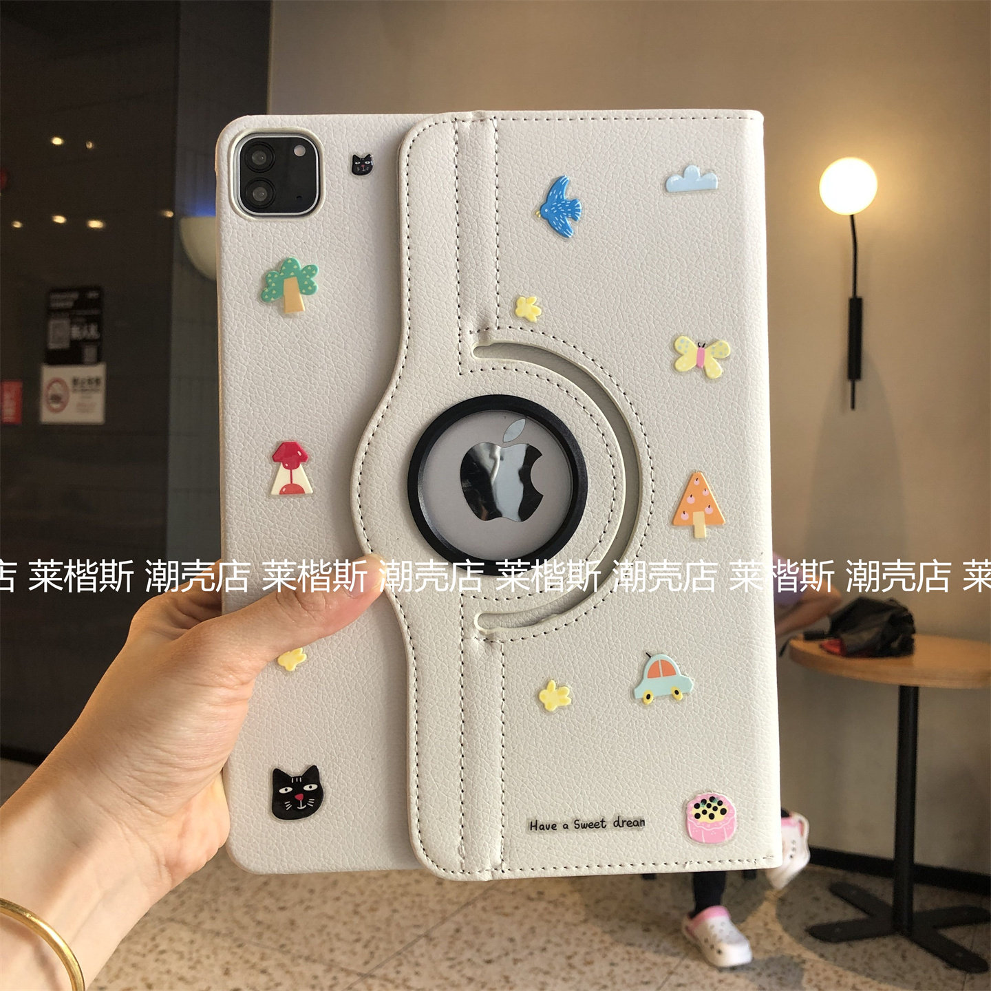 ins风插画360度旋转皮套适用ipadair保护套a16苹果789代10.2寸Pro11卡通air45笔套9.7迷你a17pro日韩10.9硬壳