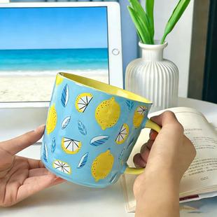 柠檬图案大容量陶瓷马克杯600ML夏日清新水杯咖啡杯早餐杯牛奶杯