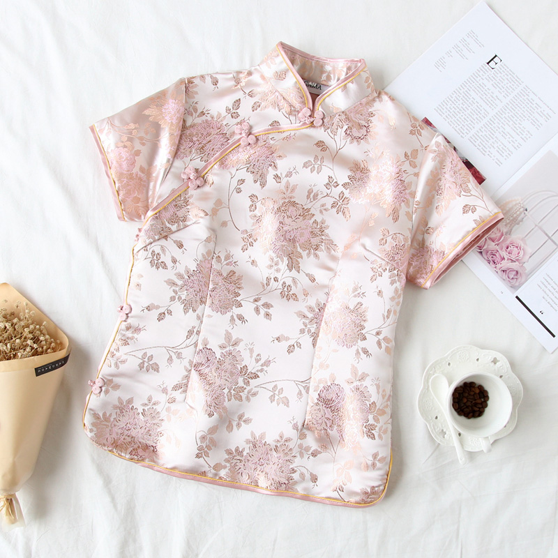 粉花复古文艺上衣织锦缎