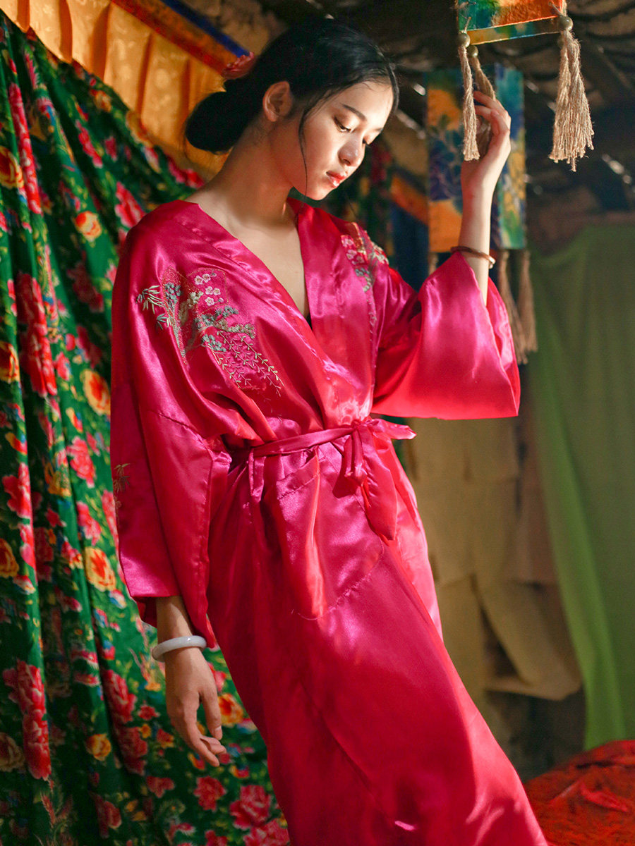 玫红色鹤袍~中国风刺绣花中长款睡袍开衫居家服睡衣