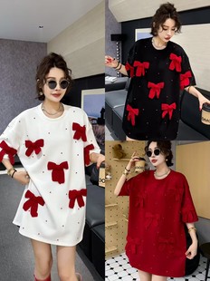 毛线蝴蝶结短袖T恤上衣女中长款韩版遮臀遮肉下衣失踪宽松大衫t裙