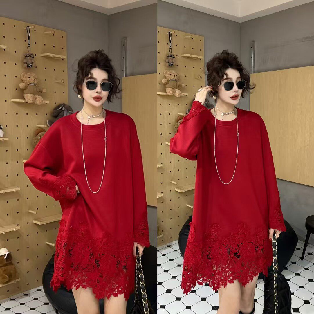 胖mm下摆拼接蕾丝长袖T恤女宽松百搭中长款遮臀大衫上衣女潮T恤裙