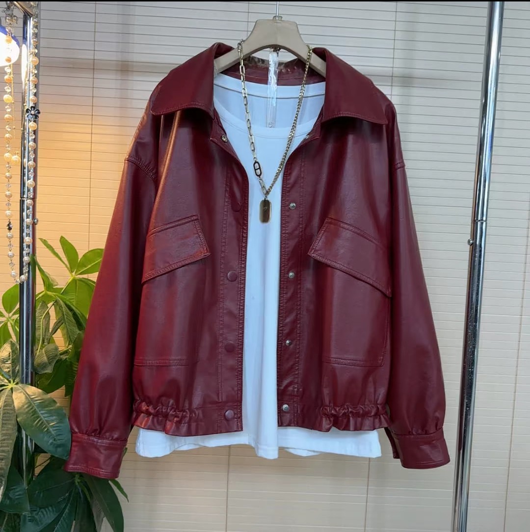 粉色皮衣外套女春新款韩版宽松休闲小个子机车服pu水洗皮夹克上衣