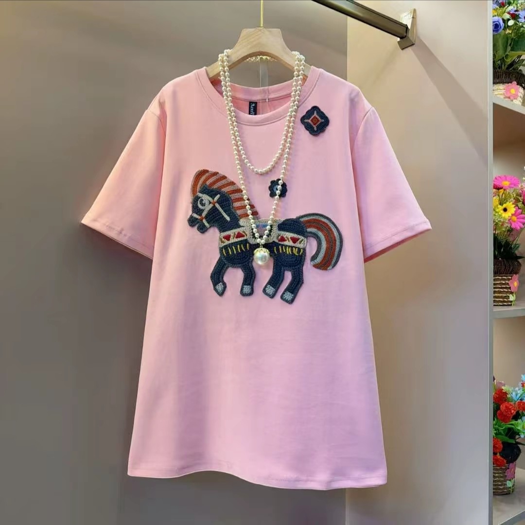 秋冬款胖mm刺绣贴布小马短袖T恤女宽松韩版中长款上衣大衫t恤裙女