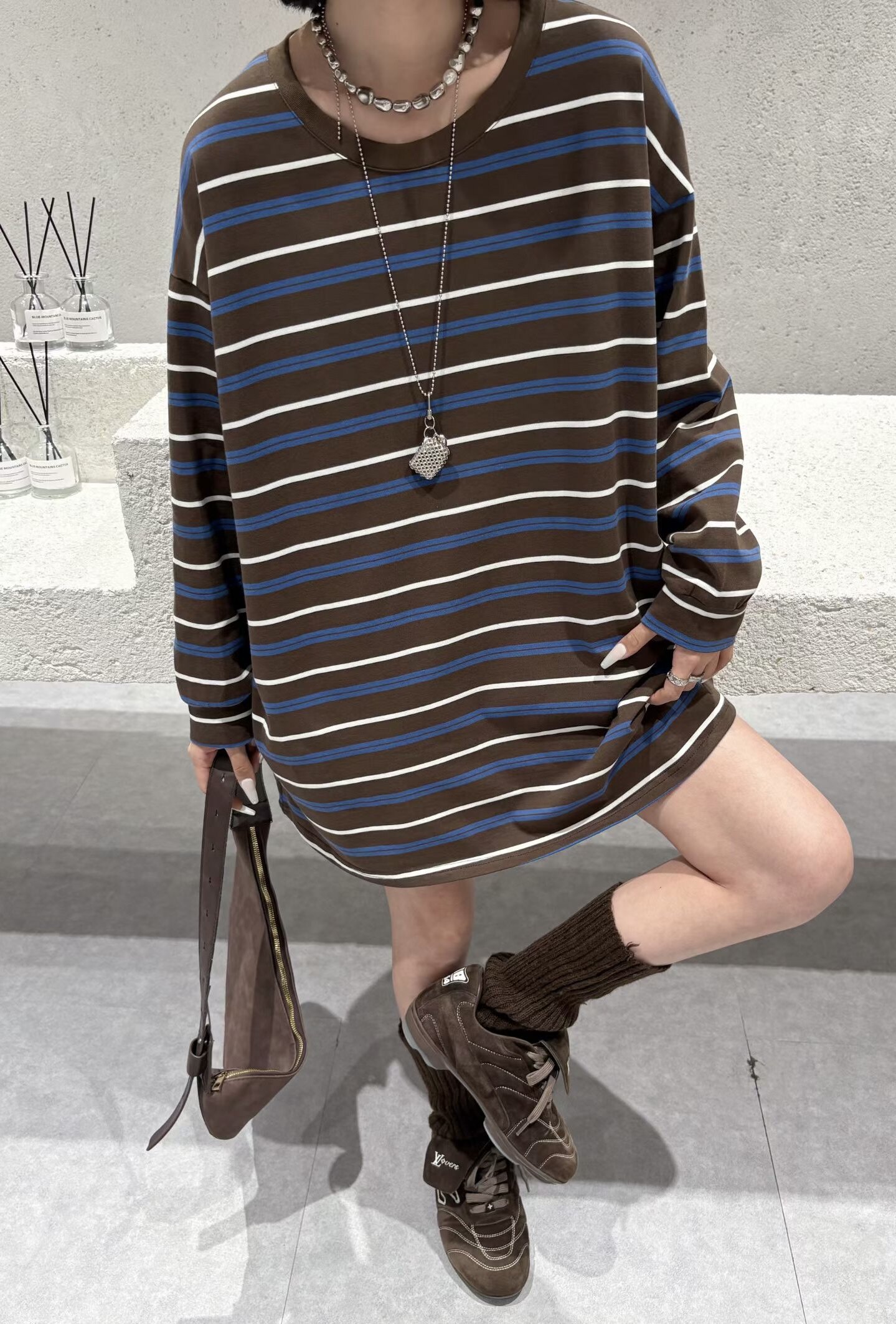 秋季新款中长款遮臀显高显瘦蓝咖条纹长袖T恤衫女加肥加大码t恤裙