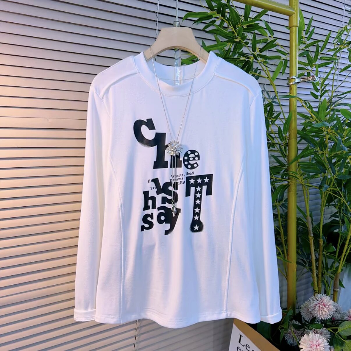 2026 秋季新款印花字母长袖T恤上衣女大码纯色弹力舒适百搭打底衫