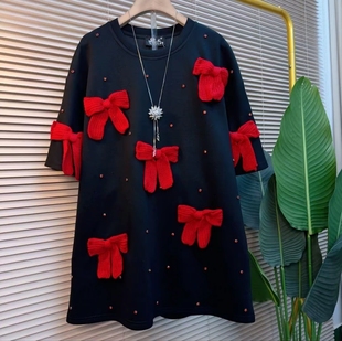 毛线蝴蝶结圆领短袖T恤上衣打底衫中长款大码胖mm遮肉遮臀大t裙女