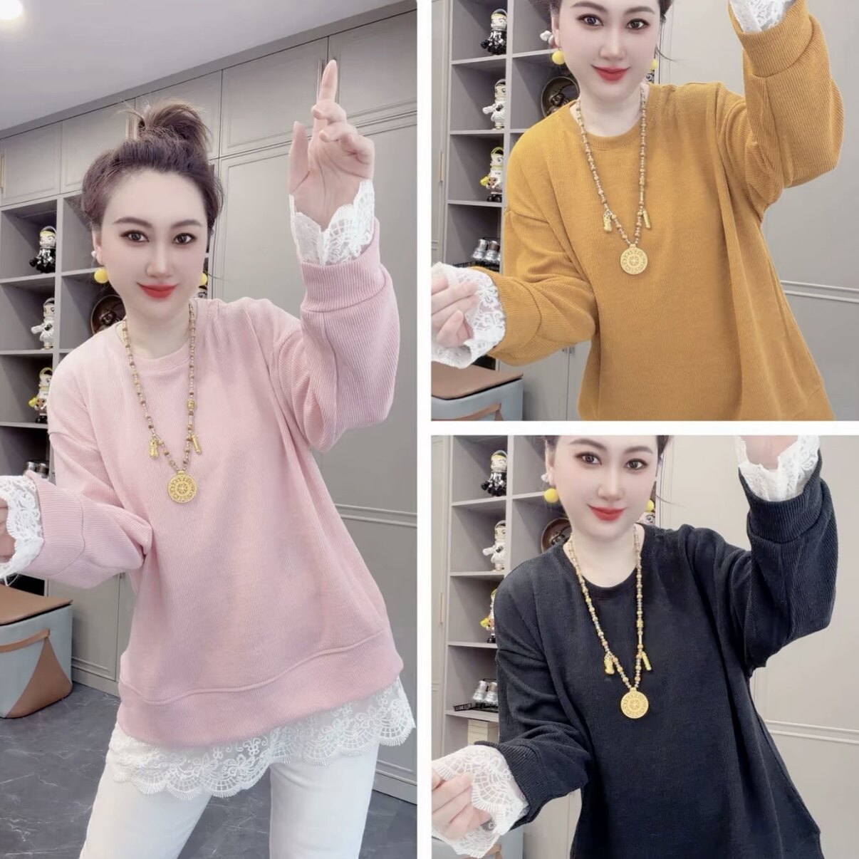 2026秋冬韩版彩色拼接蕾丝袖口下摆圆领长袖卫衣女宽松遮肉上衣女