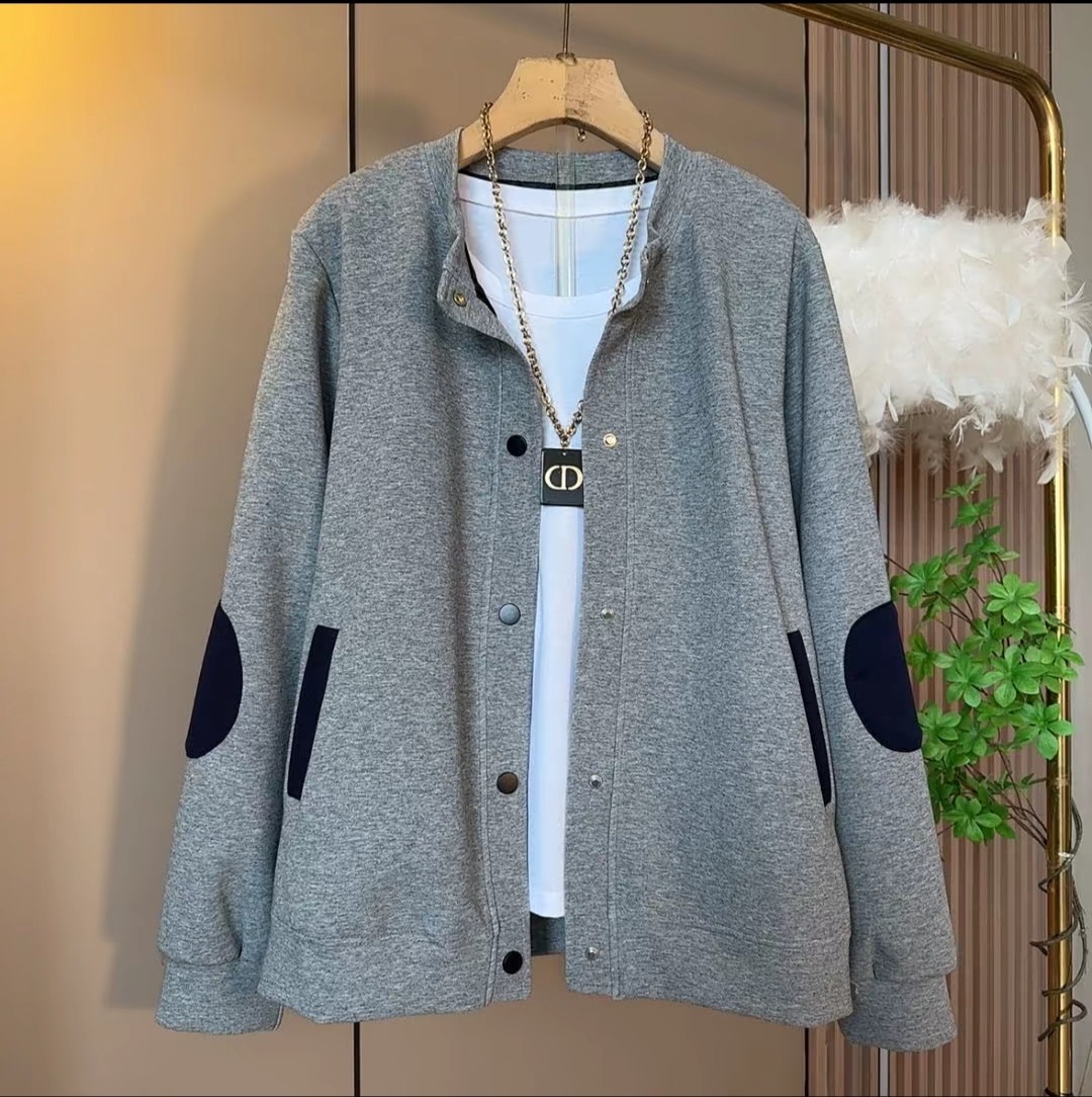 2026秋季新款韩版开衫立领补丁外套女百搭休闲简约灰色棒球服外衣