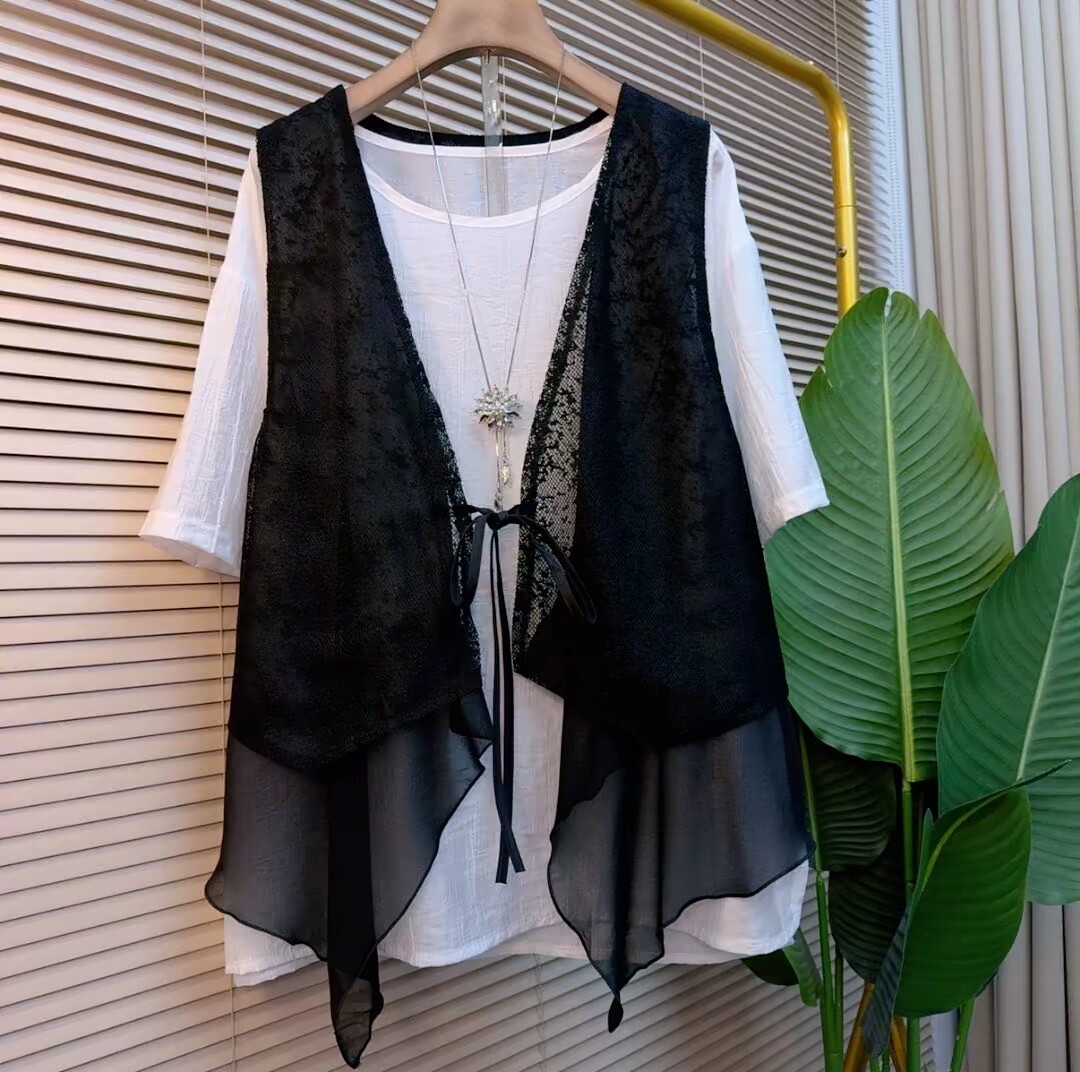 2026夏季新款女装白色短袖T恤女宽松休闲百搭上衣蕾丝马甲两件套