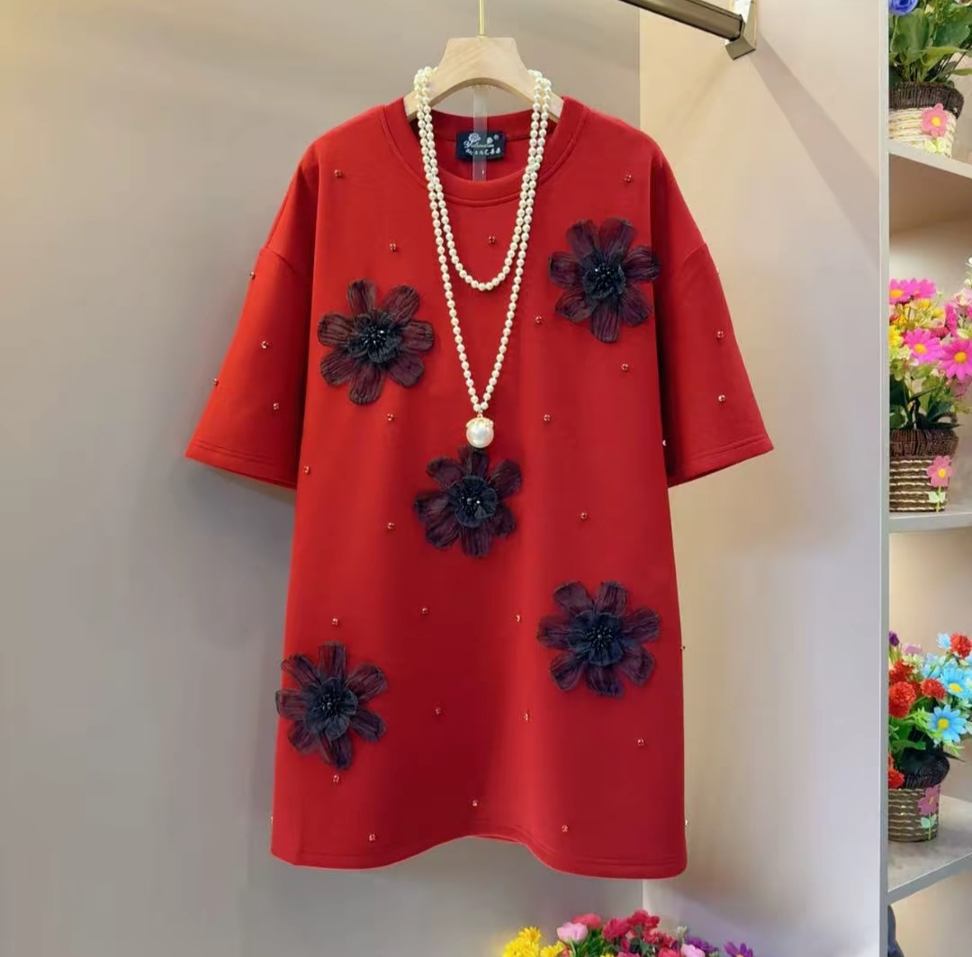 新款立体花朵钉珠短袖T恤女中长款韩版遮肉遮臀打底T恤裙女大码衫