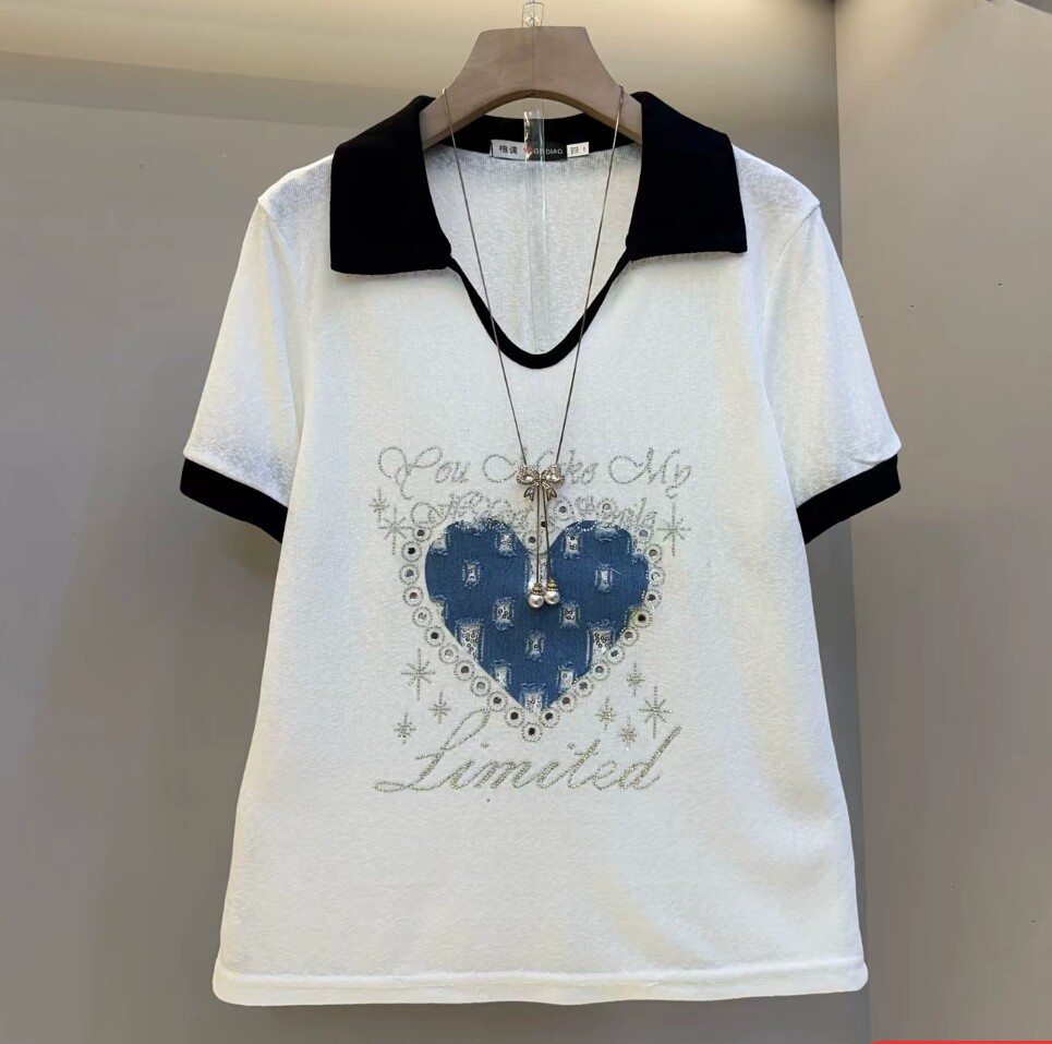 2026夏季新款韩版宽松百搭烫钻V领短袖衬衫白色短袖T恤上衣女小衫