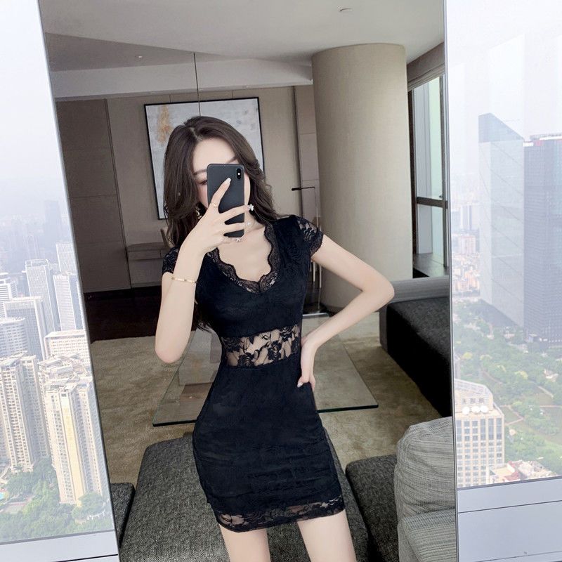 夜店性感连衣裙气质蕾丝酒吧女装大码低胸露背工作服短袖夜场裙子
