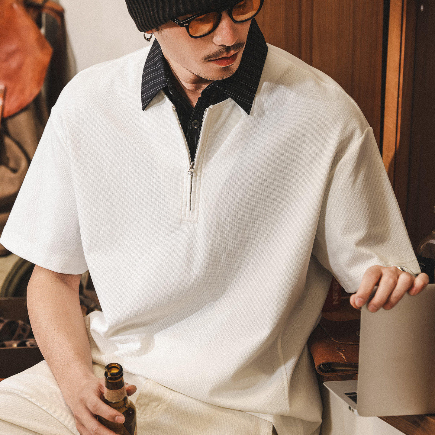 美式复古假两件条纹衬衫领t恤短袖男款Polo衫夏季潮流宽松亨利衫