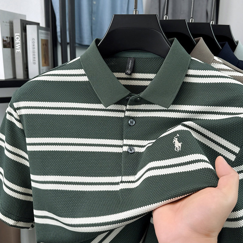 2026新款小马刺绣保罗polo衫男士条纹短袖T恤夏季翻领纯棉体恤衫