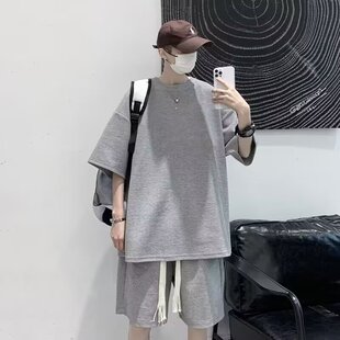 夏季新款华夫格短袖t恤两件套男士宽松休闲短裤运动套装潮牌一套