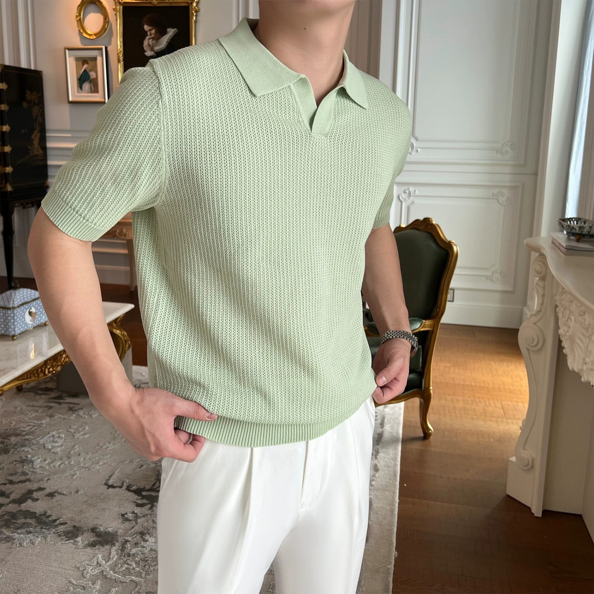 夏季冰丝针织polo衫高级感镂空带领商务休闲男保罗纯色简约T短袖