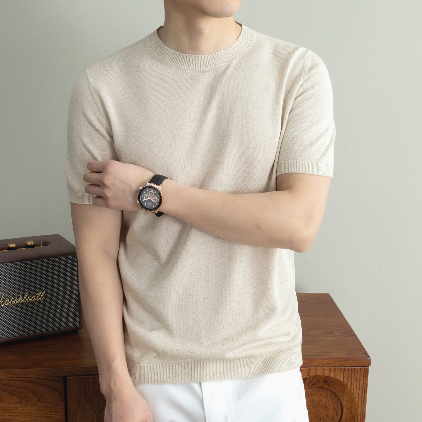 天丝亚麻老钱风薄款男士短袖针织衫夏季2026新款圆领休闲半袖t恤